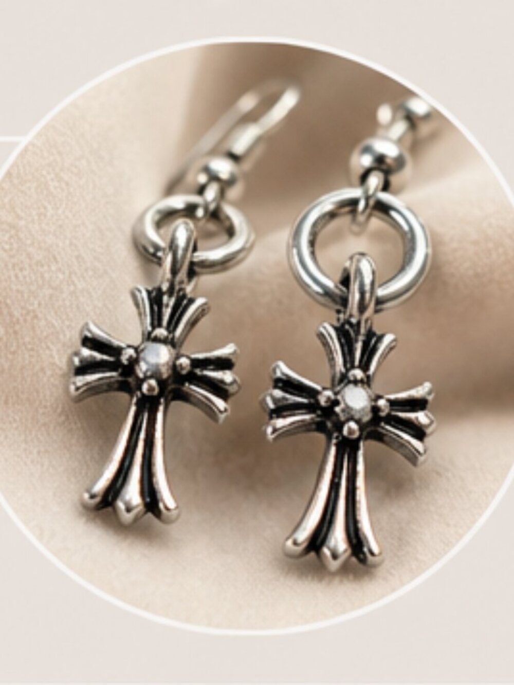 Silver‑Tone Cross Dangle Earrings with Iridescent Center Gem